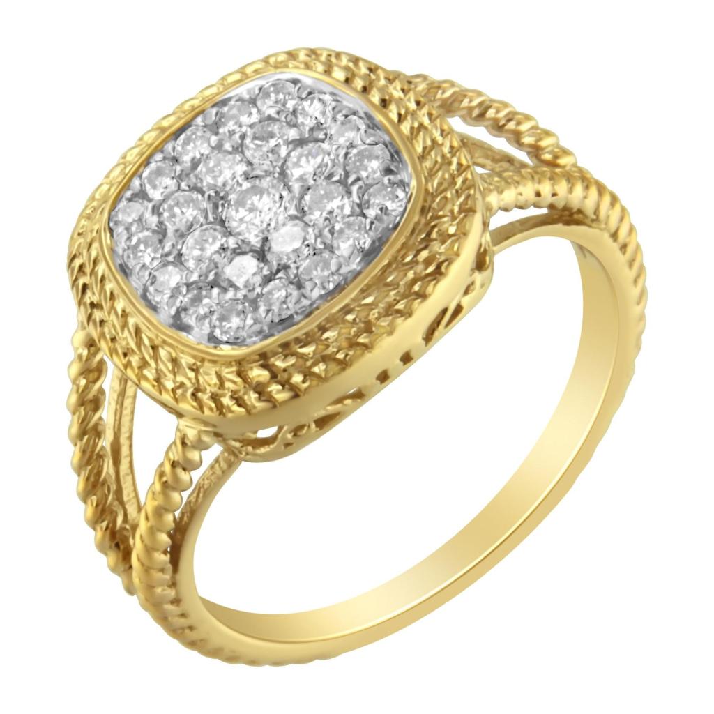 10K Yellow Gold Plated .925 Sterling Silver 1/2 Cttw Diamond Square Cushion Cluster Split Shank Cocktail Ring (J-K Color, I2-I3 Clarity) Ring Size-6.0