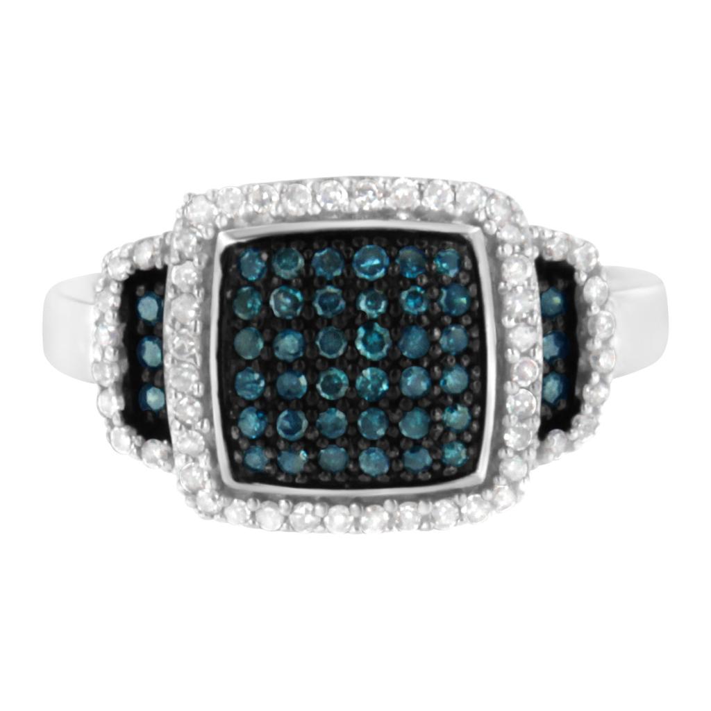 Black Rhodium Plated .925 Sterling Silver 1/2 Cttw White & Blue Diamond Square Halo Cocktail Ring (Fancy Blue & H-I Color, I2-I3 Clarity) Ring Size-6.0