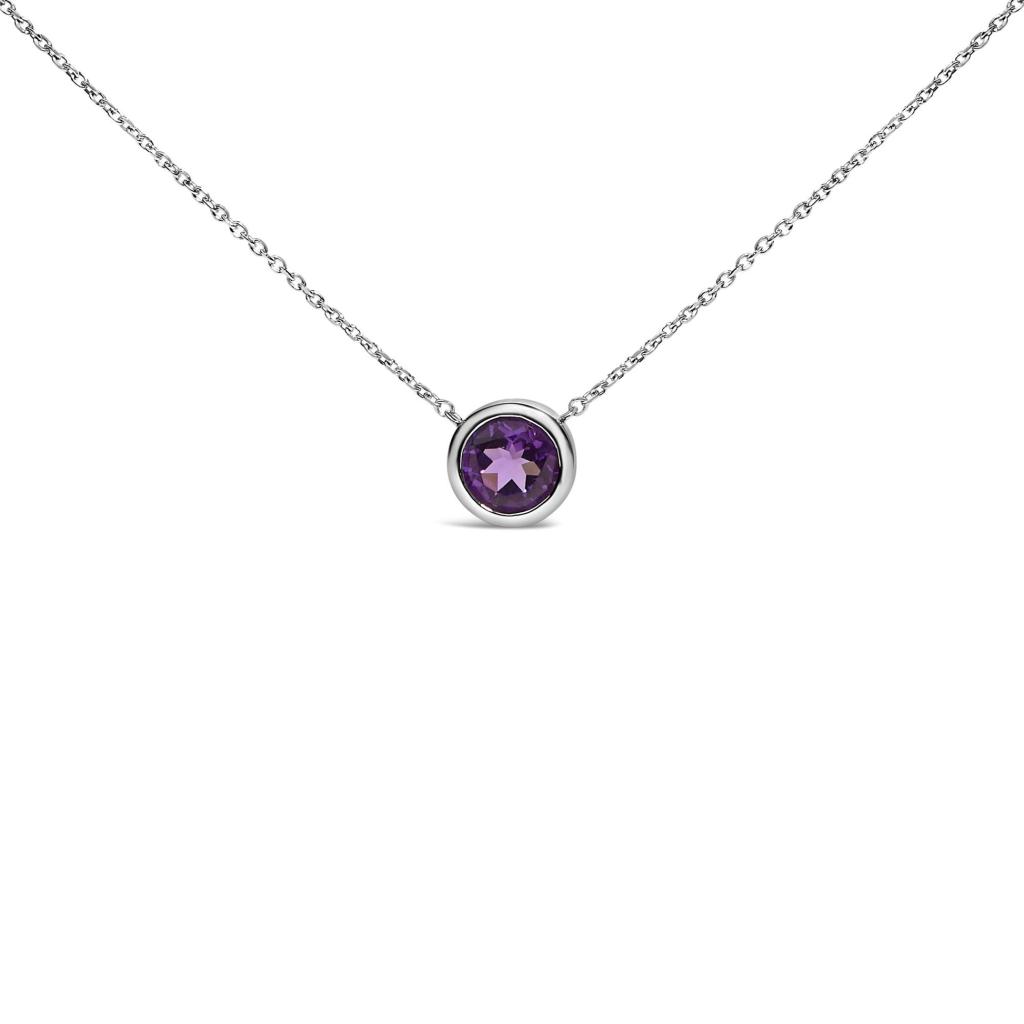.925 Sterling Silver 7MM Bezel Set Created Gemstone Pendant Necklace - 18" Inches - Purple Amethyst