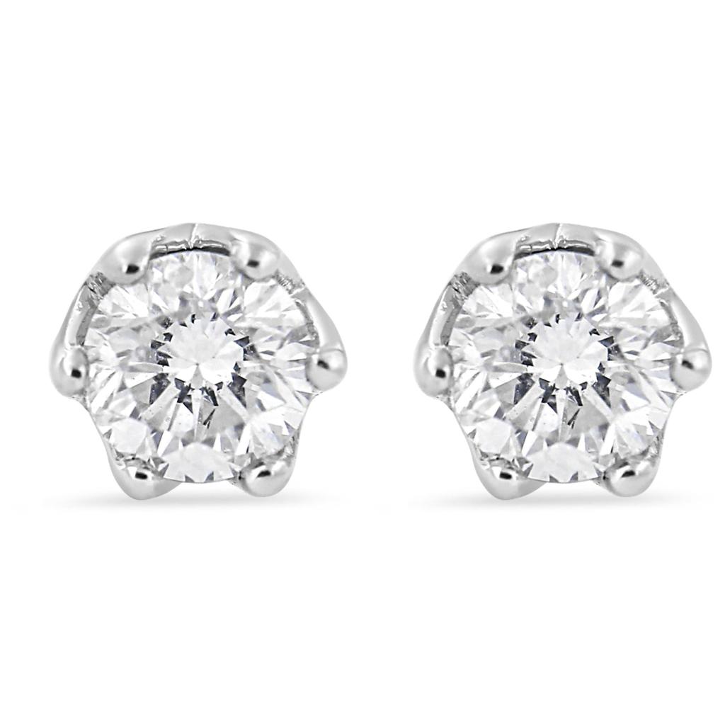 14K White Gold 1/2 Cttw Round Diamond 6 Prong Crown Stud Earrings (I-J Color, I1-I2 Clarity)