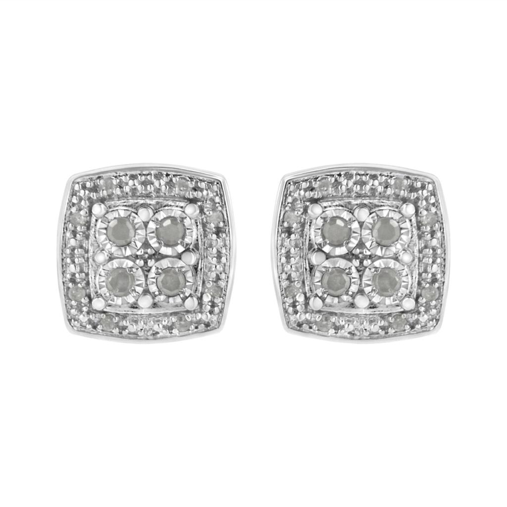 .925 Sterling Silver 1/4 cttw Round Cut Diamond Square Shape Milgrain Stud Earrings (I-J Color, I3 Clarity)