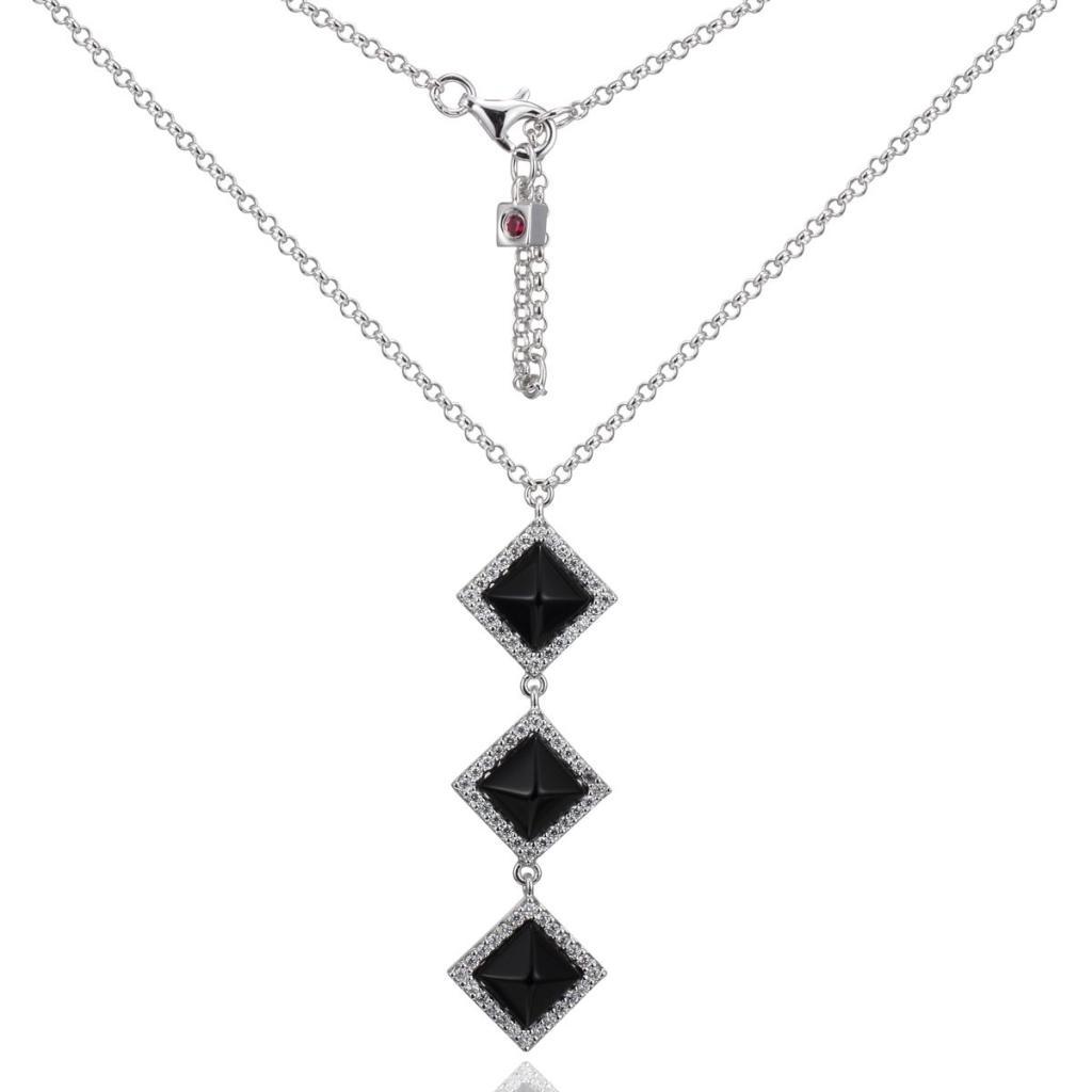 NR0LARG-W Nefer Black Agate and Cubic Zirconia Triple Pyramid Necklace
