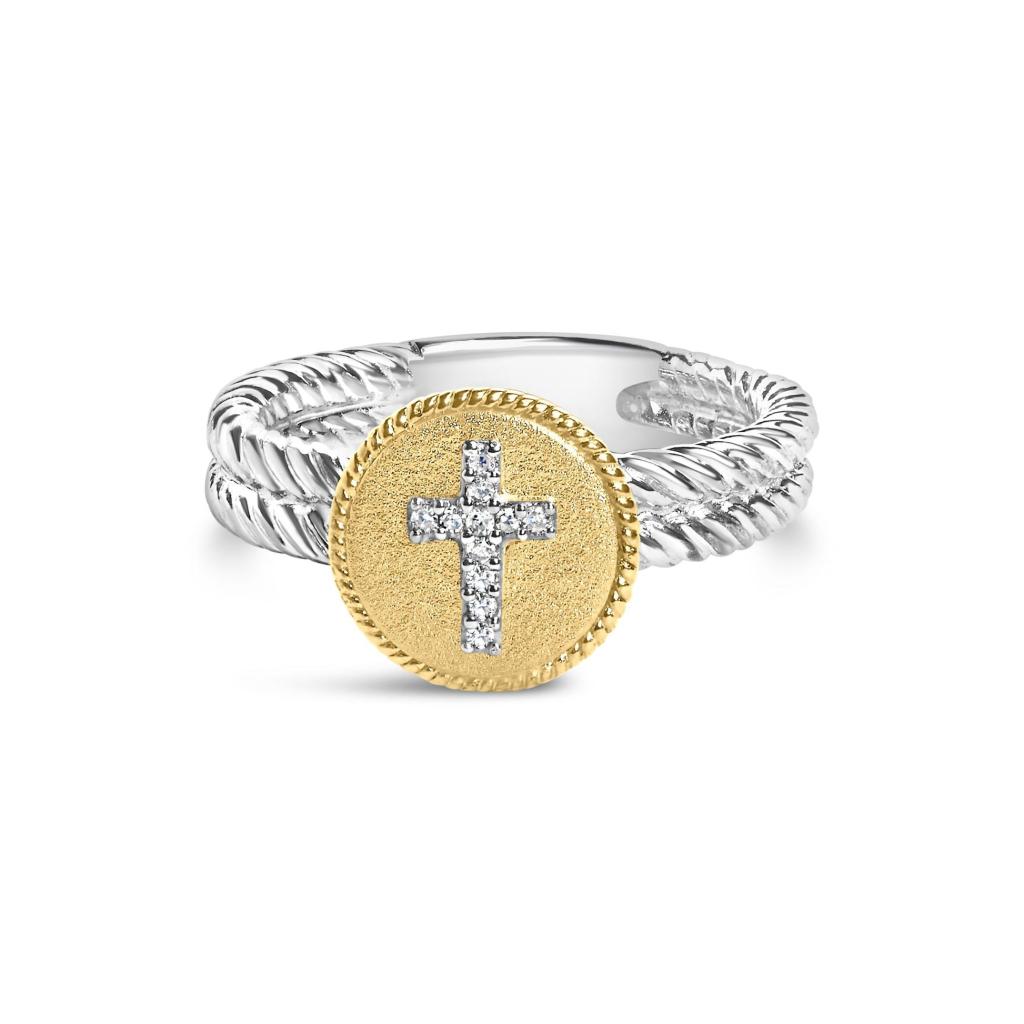 18K Yellow Gold Plated .925 Sterling Silver Diamond Cross Ring with Satin Finish (I-J Color, SI1-SI2 Clarity) Ring Size-6.0