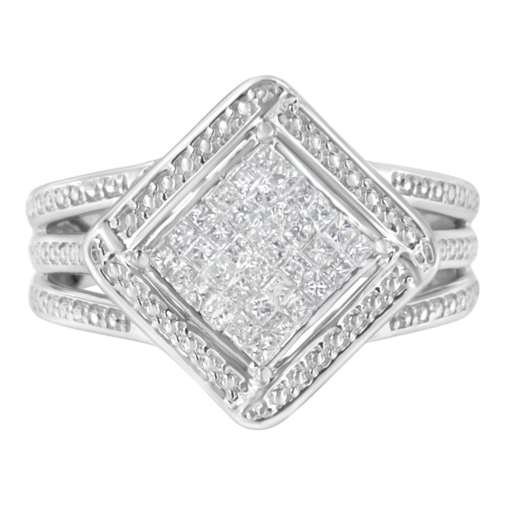 .925 Sterling Silver 2/5 Cttw Princess Cut Diamond Square On Point Cluster Composite Cocktail Ring (H-I Color, SI1-SI2 Clarity) Ring Size-7.25