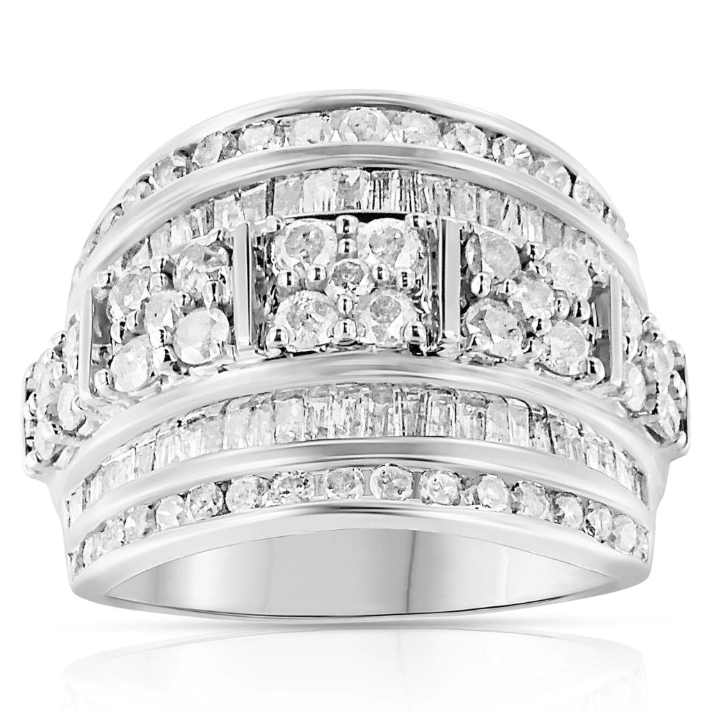.925 Sterling Silver 2.0 Cttw Round & Baguette Cut Diamond Multi-Row Channel Set Tapered Cocktail Fashion Ring (I-J Color, I3 Clarity) Ring Size-8.0