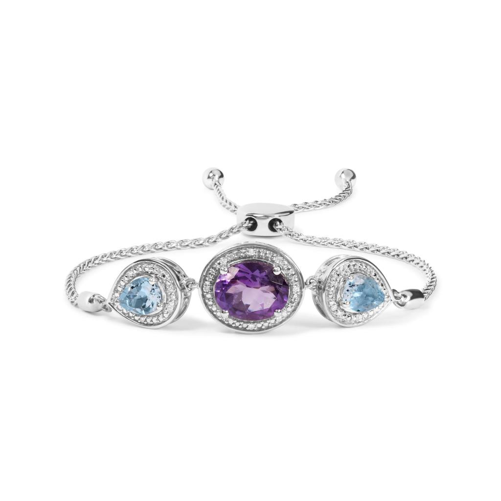 .925 Sterling Silver Oval Amethyst and Pear Blue Topaz with Diamond Accent Lariat 4-10 Adjustable Bolo Bracelet (H-I Color, SI1-SI2 Clarity)
