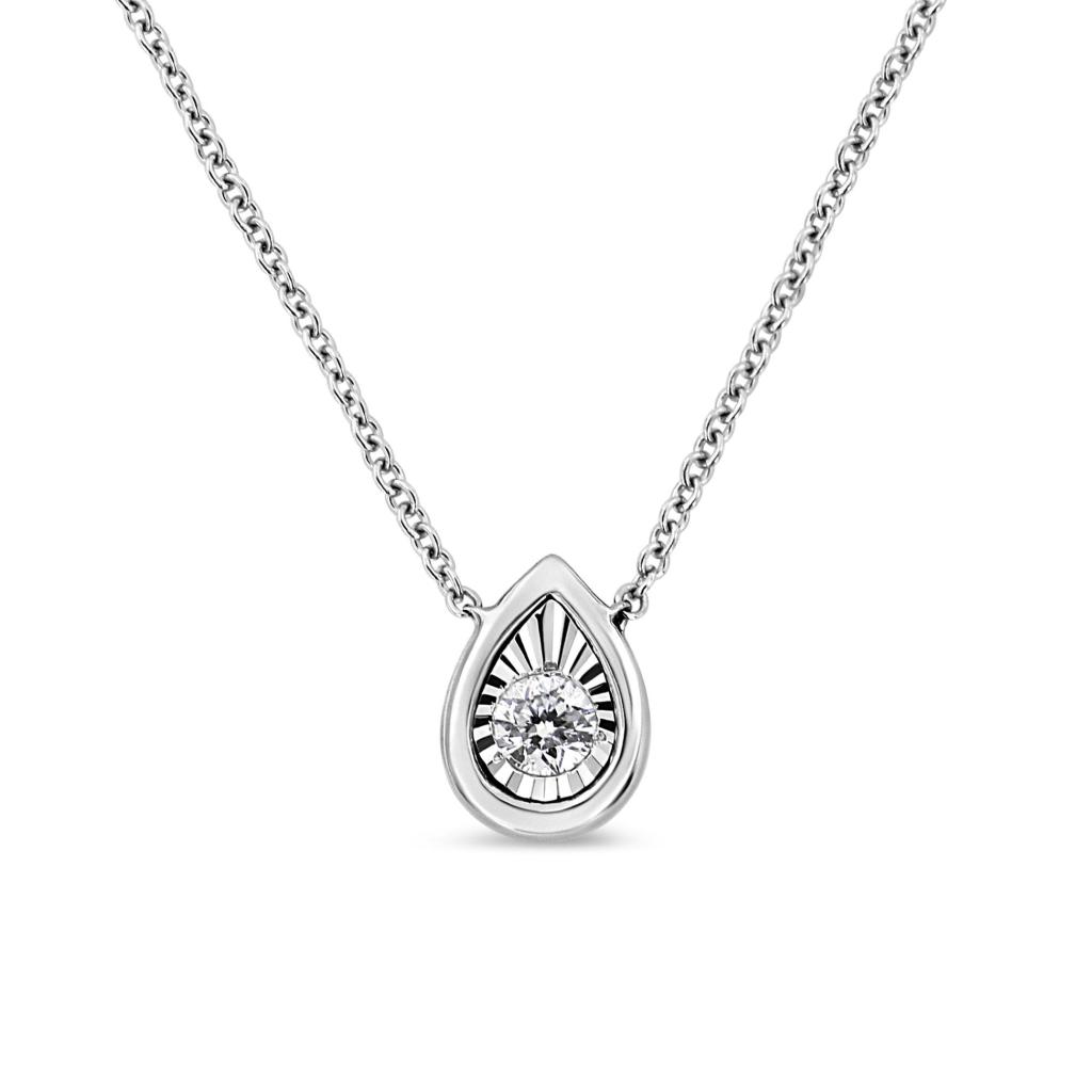 10K White Gold 1/10 Cttw Miracle Set Round-Cut Diamond 18" Pendant Necklace - Pear