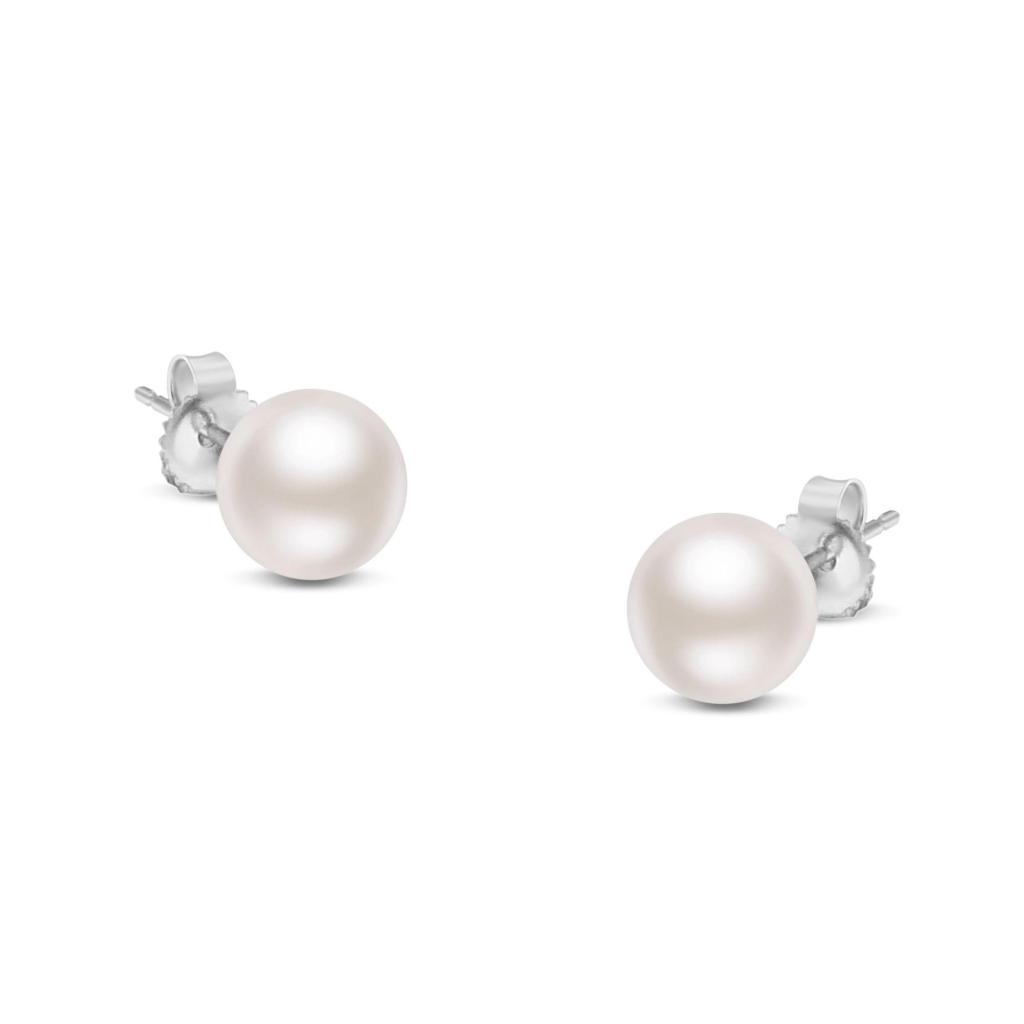 14K Gold Round White Saltwater Akoya Cultured Pearl Stud Earrings AAA+ Quality - Choice of MM Size-Pearl Size 6.0-6.5mm