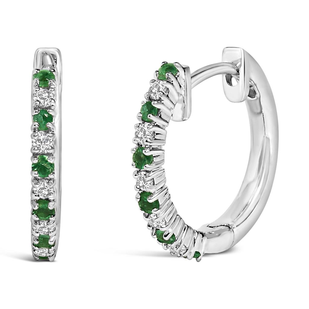 10K White Gold Alternating Emerald 1/10 Cttw Diamond Huggy Hoop Earrings (I-J Color, I1-I2 Clarity)