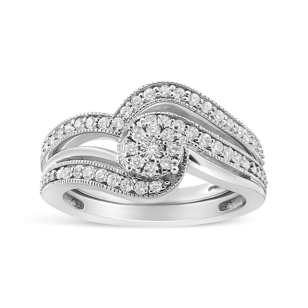 .925 Sterling Silver 1/3ct Cttw Multi-Diamond Bypass Vintage-Style Bridal Set Ring and Band (I-J Color, I3 Clarity) Ring Size-11.0