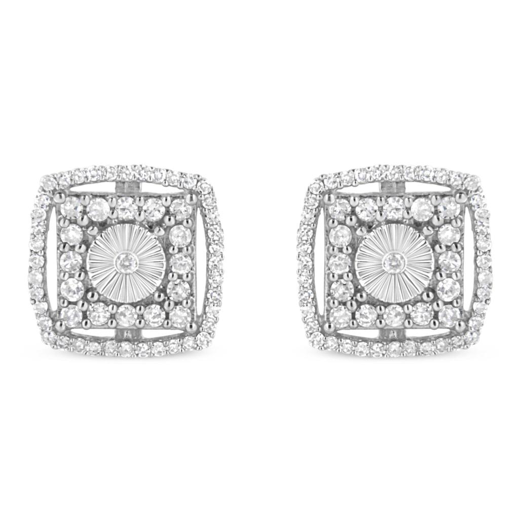 .925 Sterling Silver 1.0 Cttw Round Diamond Double Halo and Disc Stud Earring (I-J Color, I2-I3 Clarity)