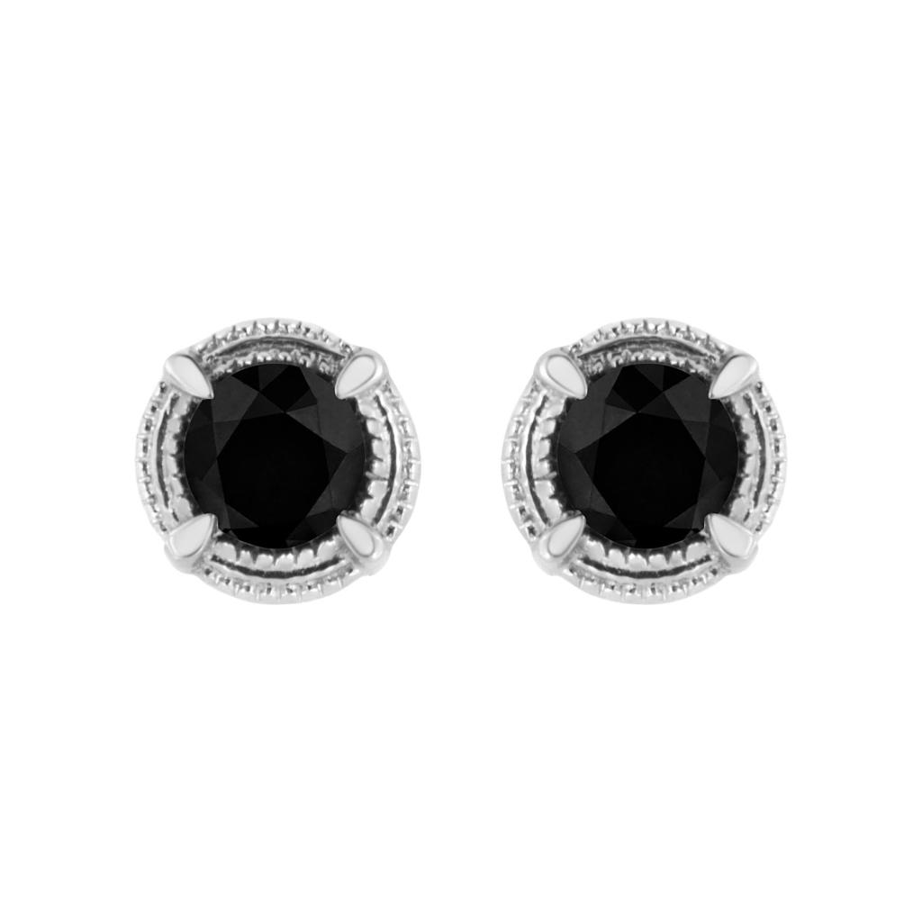 .925 Sterling Silver Treated Colored Diamond Modern 4-Prong Solitaire Milgrain Stud Earrings
