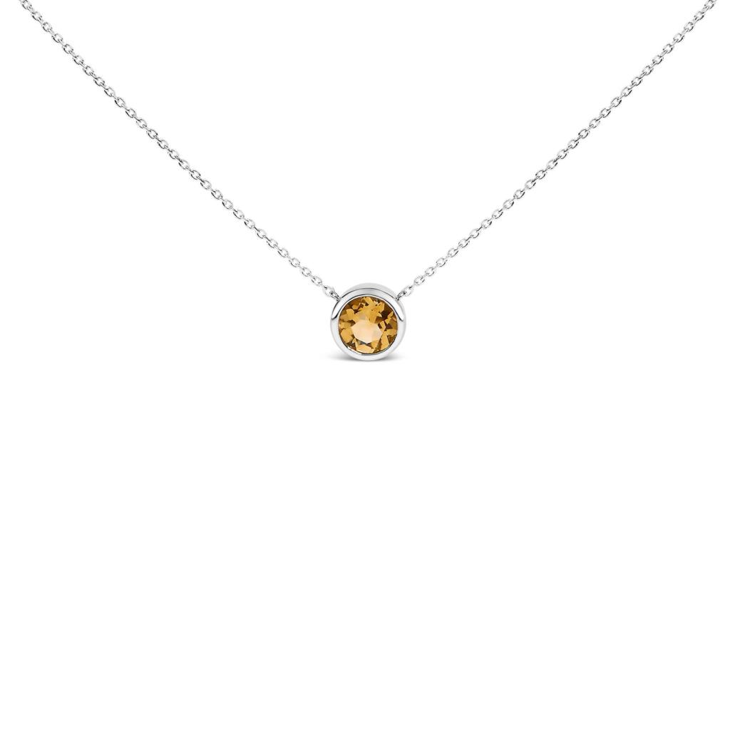 .925 Sterling Silver 7MM Bezel Set Created Gemstone Pendant Necklace - 18" Inches - Yellow Citrine