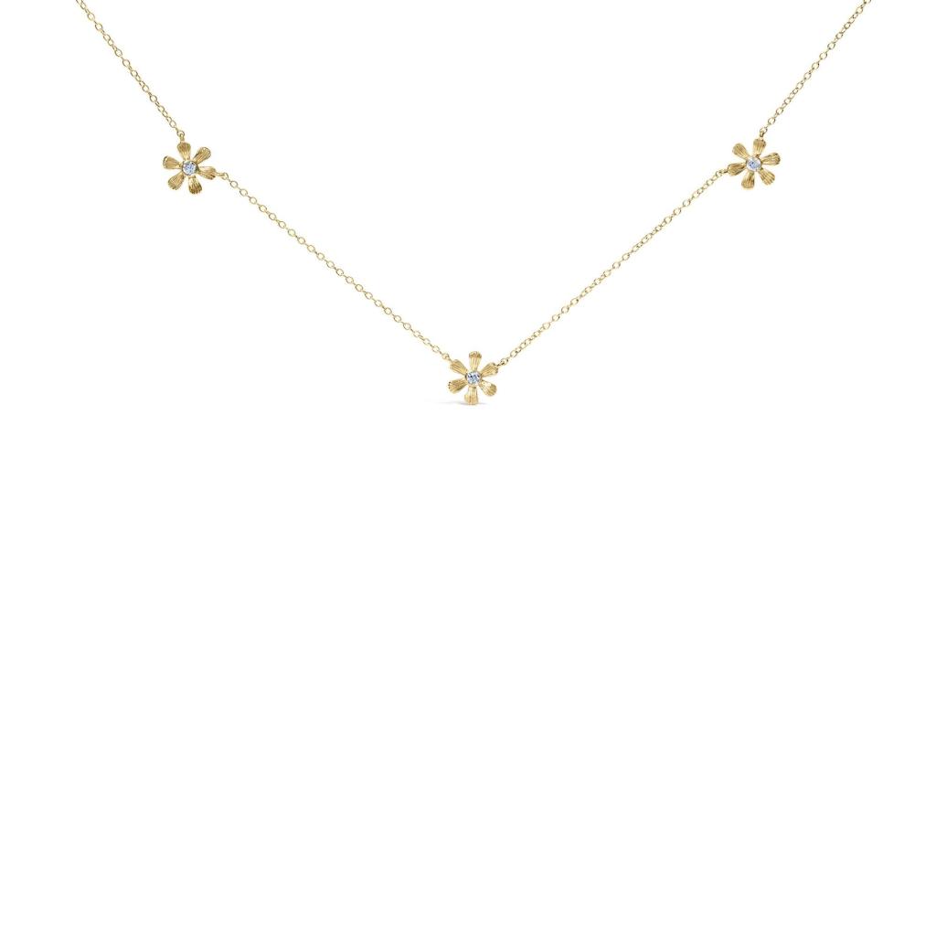 10K Yellow Gold 1/8 Cttw Diamond Floral Station Chain Necklace (I-J Color, I1-I2 Clarity)