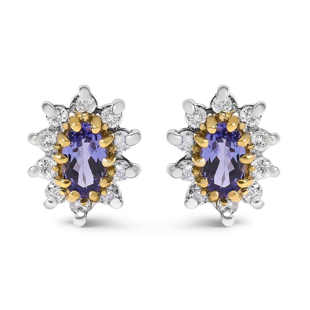 14K Yellow Gold 1/4 Cttw Diamond and Blue Purple Tanzanite Sunburst Halo Stud Earrings (K-L Color, I1-I2 Clarity)