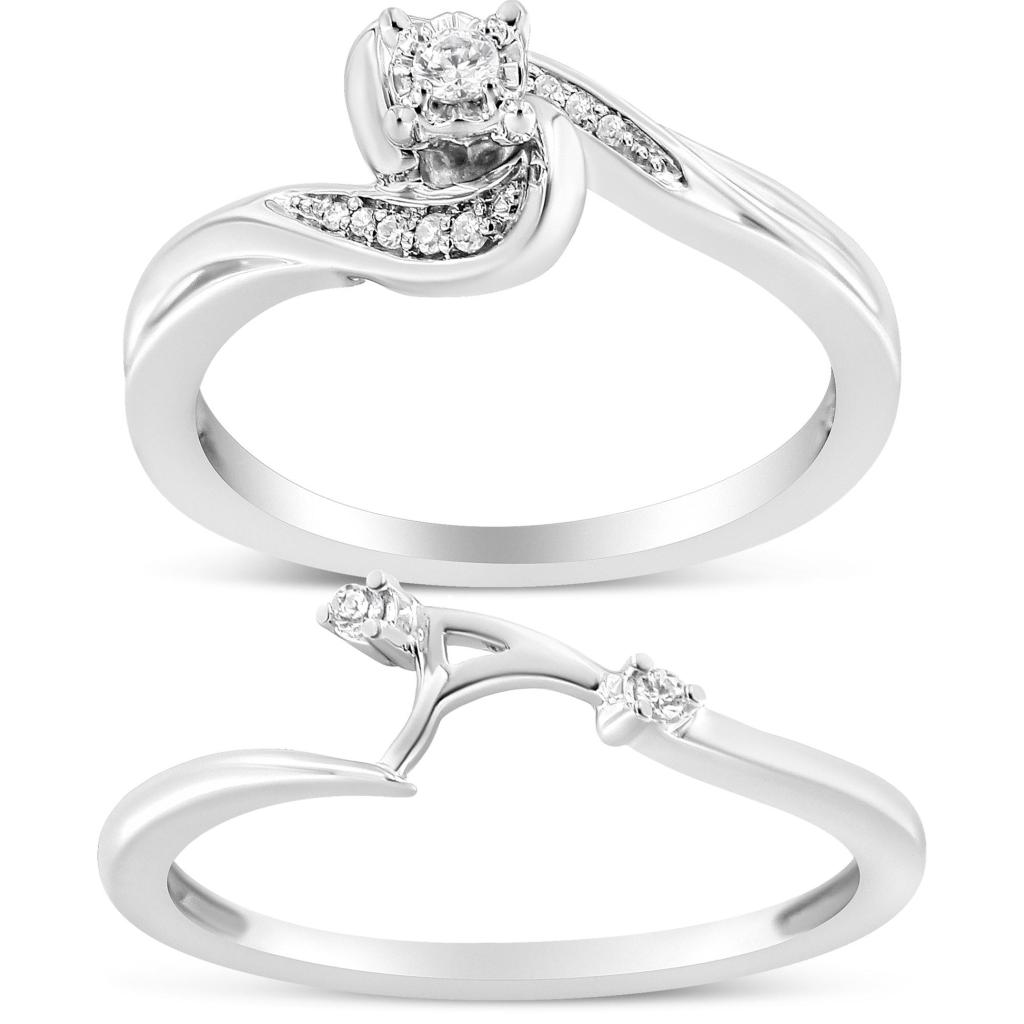 .925 Sterling Silver 1/10 Cttw Diamond Swirl and Bypass Bridal Set Ring and Band (I-J Color, I3 Clarity) Ring Size-11.0
