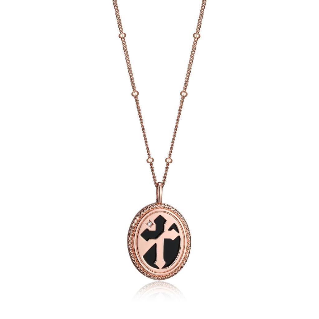 N30LBJZ-P Protect Me Black Agate Cross Oval Pendant Necklace