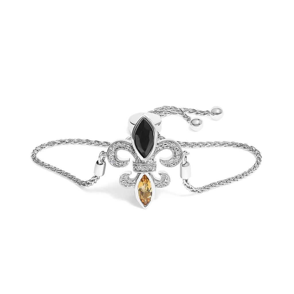 .925 Sterling Silver Marquise Black Onyx, Orange Citrine, and Diamond Accent Lariat 4-10 Fleur De Lis Adjustable Bolo Bracelet (I-J Color, I1-I2 Clarity) - 7"