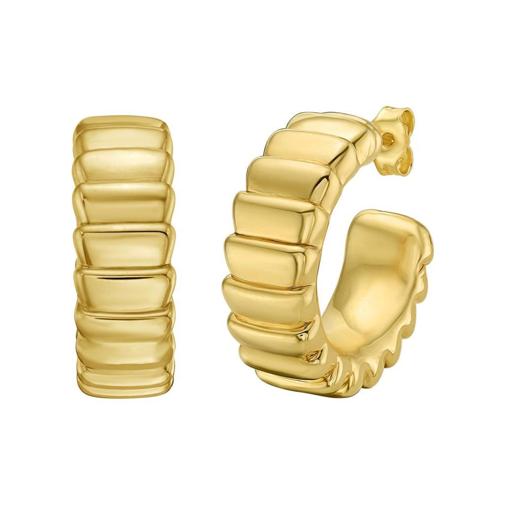 14K Yellow Gold Ribbed C Hoop Earrings