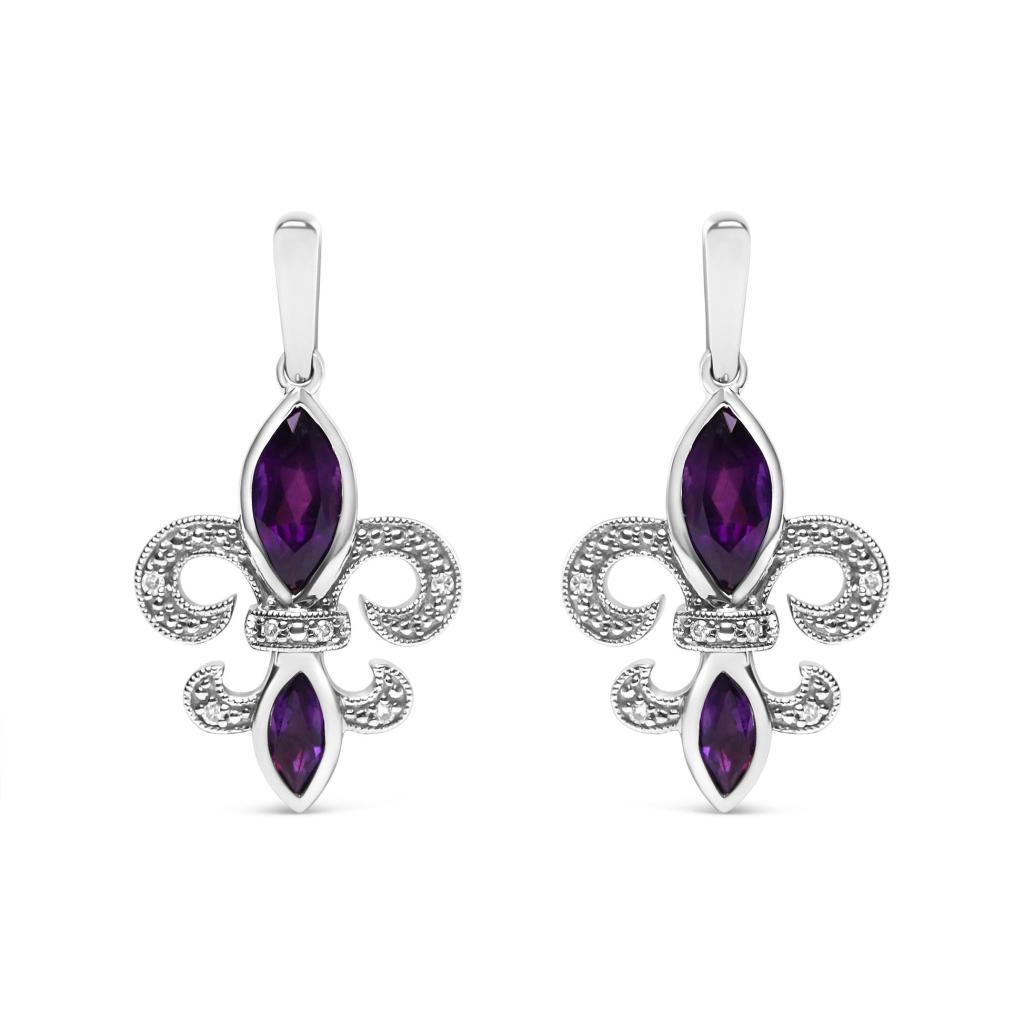 .925 Sterling Silver Marquise Cut Amethyst and Diamond Accent Fleur De Lis Dangle Stud Earrings (H-I Color, SI1-SI2 Clarity)