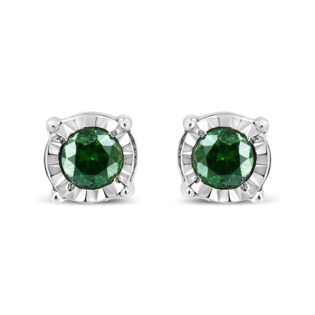 Sterling Silver Rose Cut Treated Green Diamond Solitaire Stud Earrings (0.25 cttw, Green Color, I2-I3 Clarity)