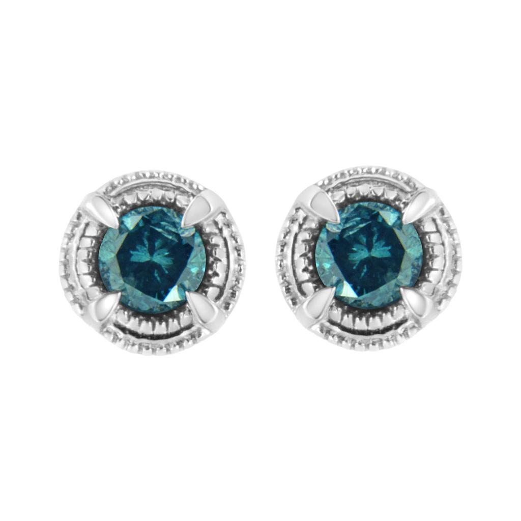 .925 Sterling Silver Treated Colored Diamond Modern 4-Prong Solitaire Milgrain Stud Earrings
