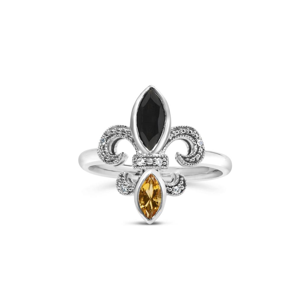 .925 Sterling Silver Black Onyx and Yellow Citrine Marquise and Diamond Accent Fleur De Lis Ring (H-I Color, SI1-SI2 Clarity) Ring Size-6.5