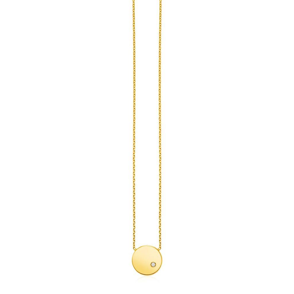 14k Yellow Gold Necklace with Polished Round Pendant with Diamond