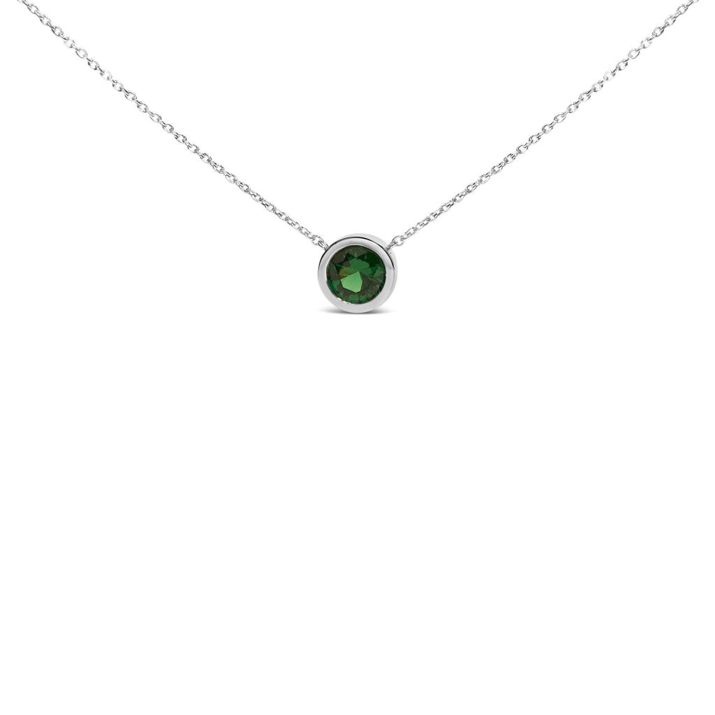 .925 Sterling Silver 7MM Bezel Set Created Gemstone Pendant Necklace - 18" Inches - Green Emerald