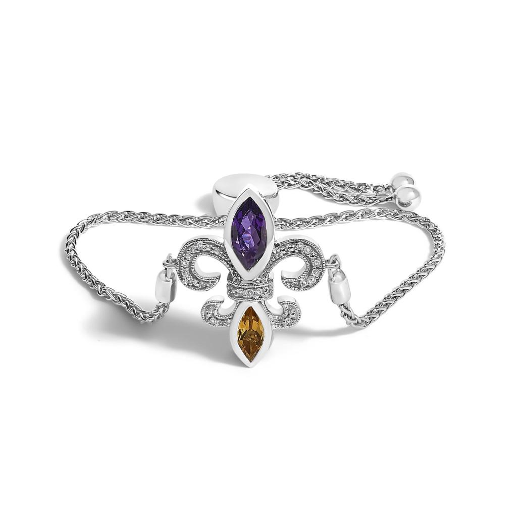 .925 Sterling Silver Marquise Purple Amethyst, Orange Citrine, and Diamond Accent Lariat 4-10 Fleur De Lis Adjustable Bolo Bracelet (I-J Color, I1-I2 Clarity)