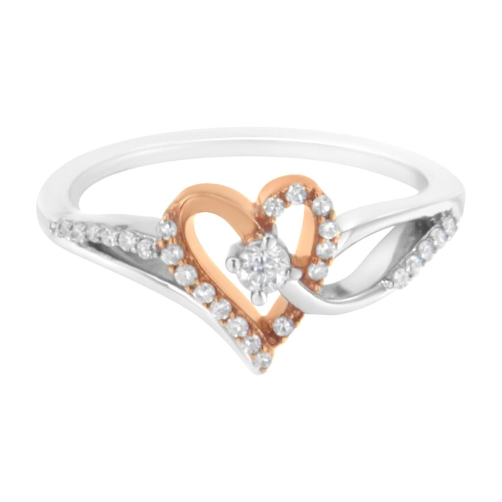 10K Rose Gold Plated .925 Sterling Silver 1/5 Cttw Diamond Two Tone Open Heart Promise or Fashion Ring (I-J Color, I2-I3 Clarity) Ring Size-8.0