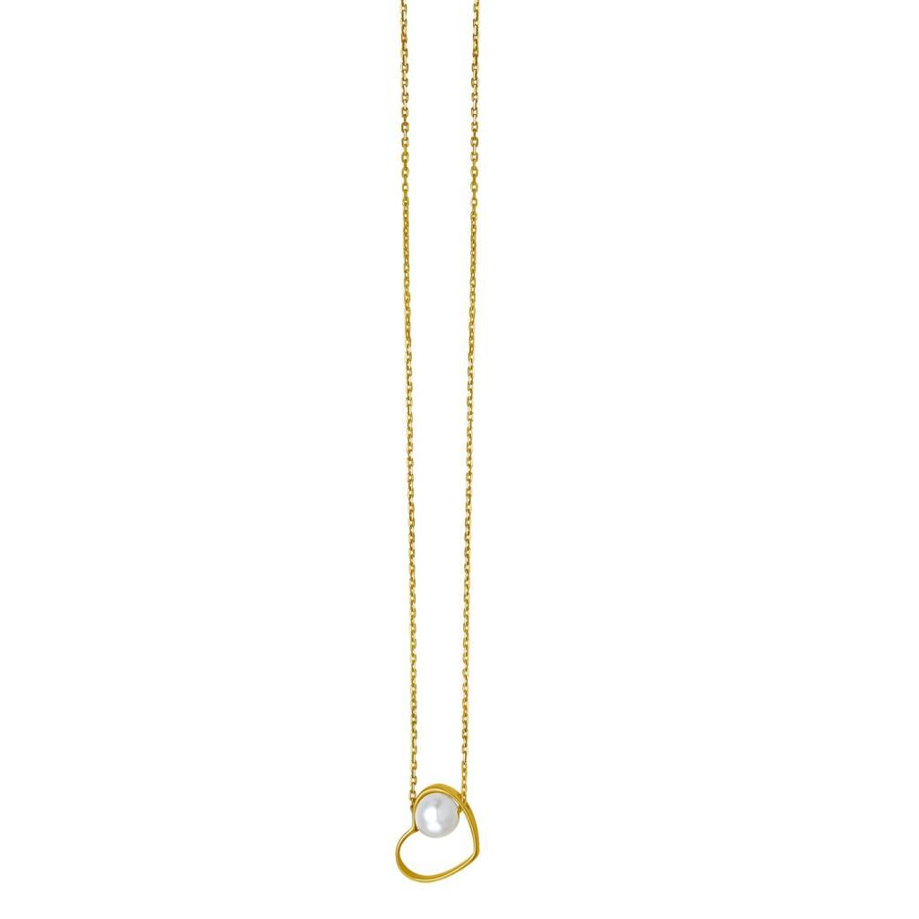 Open Heart and Pearl Necklace in 14K Yellow Gold