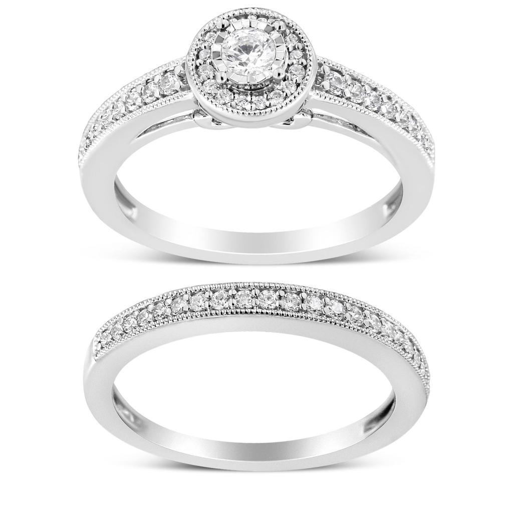 .925 Sterling Silver 1/2 Ctw Diamond Halo and Milgrain Engagement Ring Bridal Set (I-J Color, I3 Clarity) Ring Size-7.0
