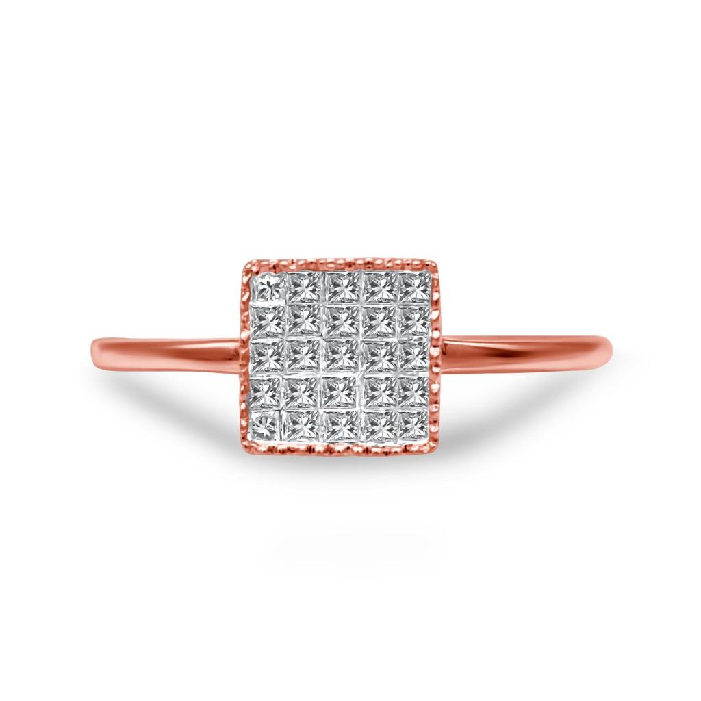 10K Rose Gold 1/3 Cttw Invisible Set Princess Cut Diamond Composite Square Shape Ring for Women (H-I color, I1-I2 clarity) Ring Size-7.0
