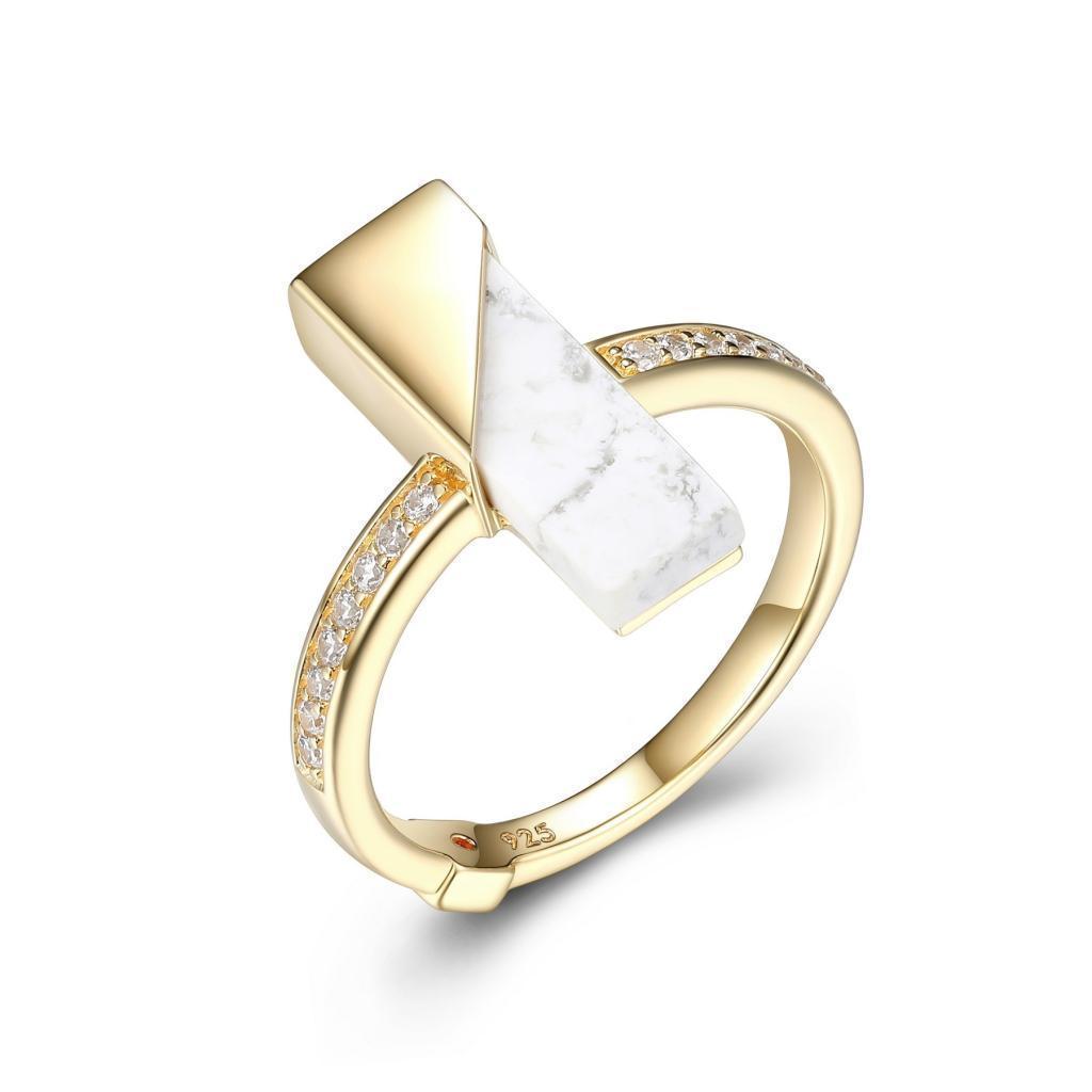 R34LACY-Y-6 "Spatial" Sterling Silver Howlite and Pave Cubic Zirconia Bar Ring - Gold