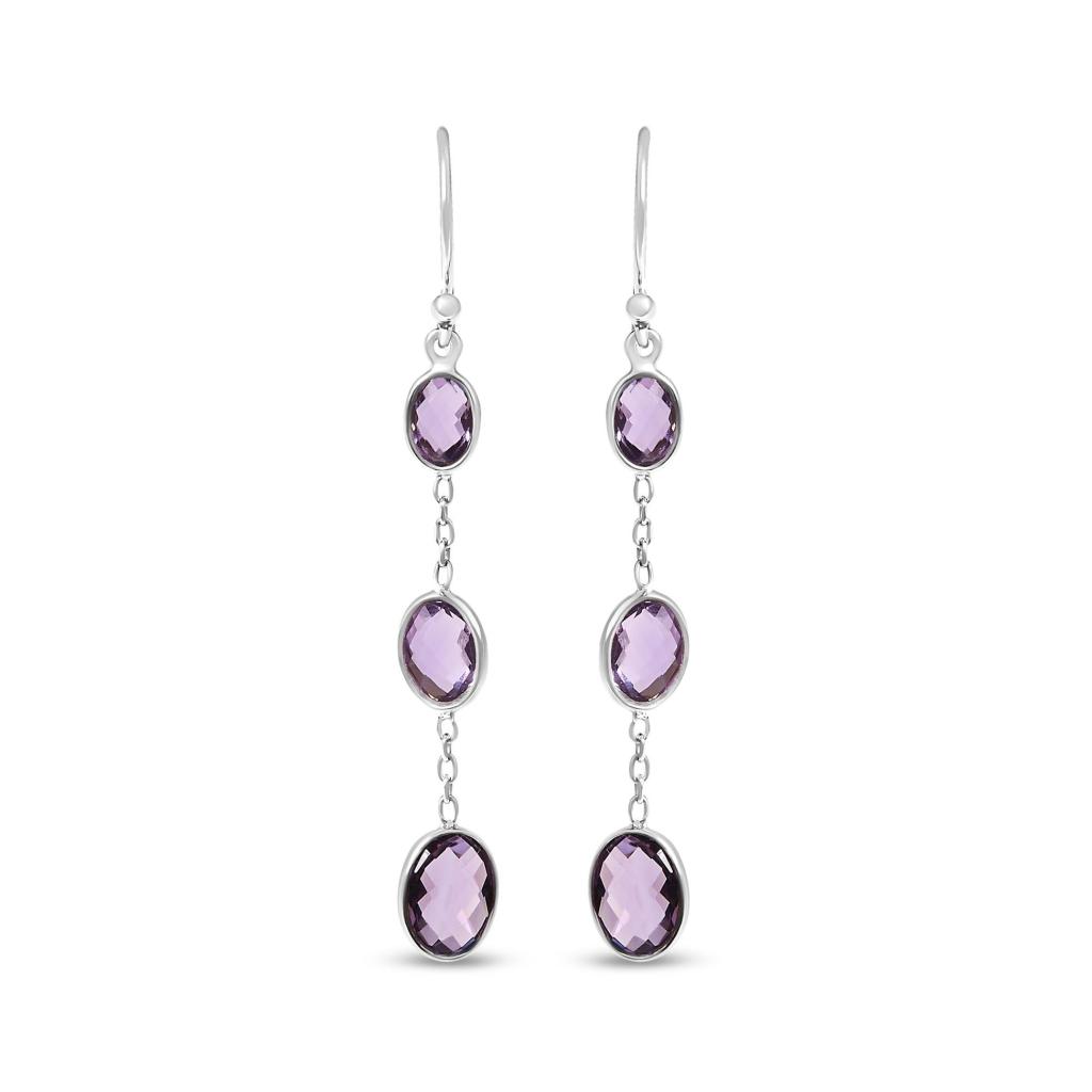 .925 Sterling Silver Checkerboard Cut Oval Purple Amethyst 2" Inch Drop and Dangle Earrings