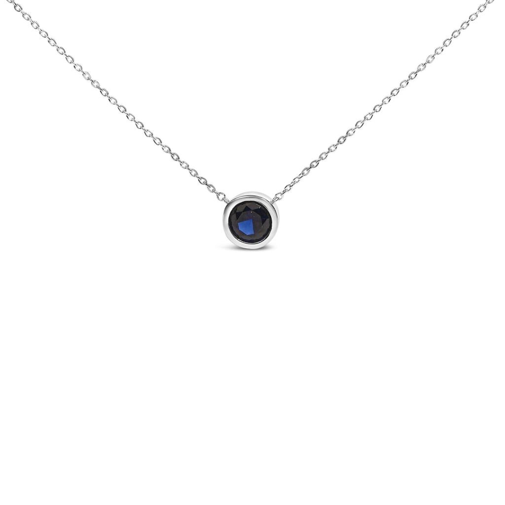 .925 Sterling Silver 7MM Bezel Set Created Gemstone Pendant Necklace - 18" Inches - Blue Sapphire