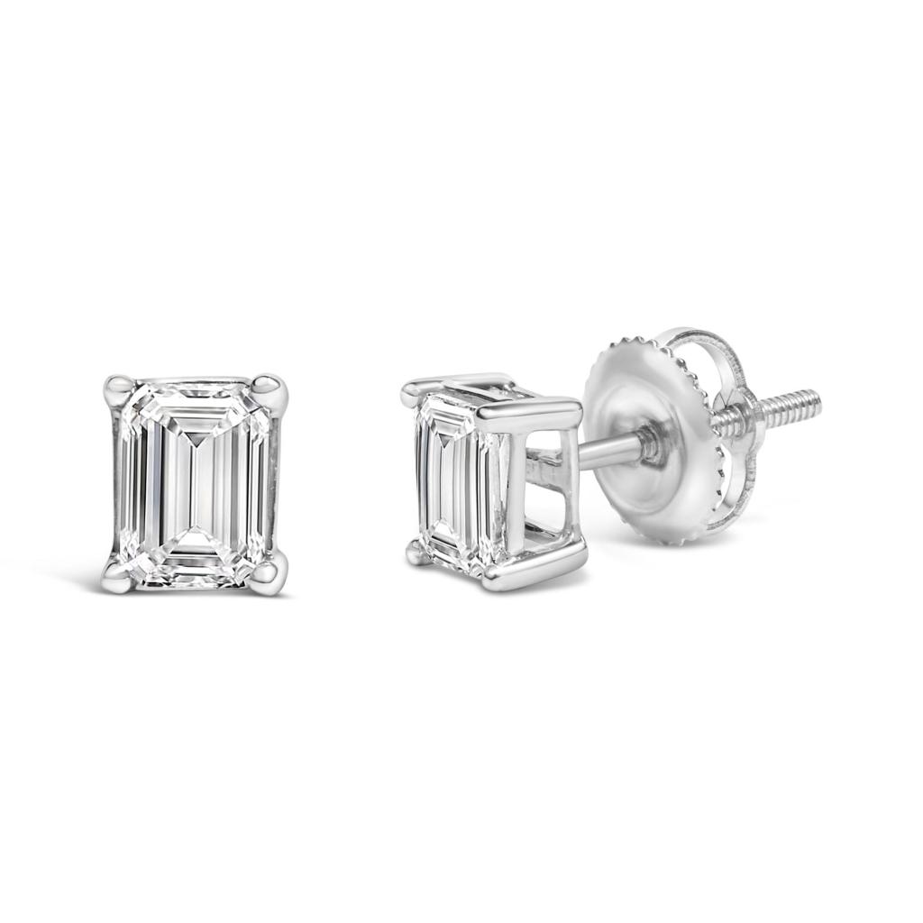 14K White Gold Emerald Cut Lab-Grown Diamond Solitaire Stud Earrings (F-G Color, VS1-VS2 Clarity)
