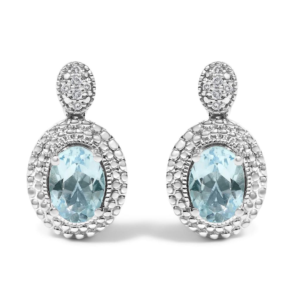 .925 Sterling Silver Diamond Accent and  Oval Blue Topaz with Beaded Halo Drop Stud Earrings (I-J color, I1-I2 Clarity)