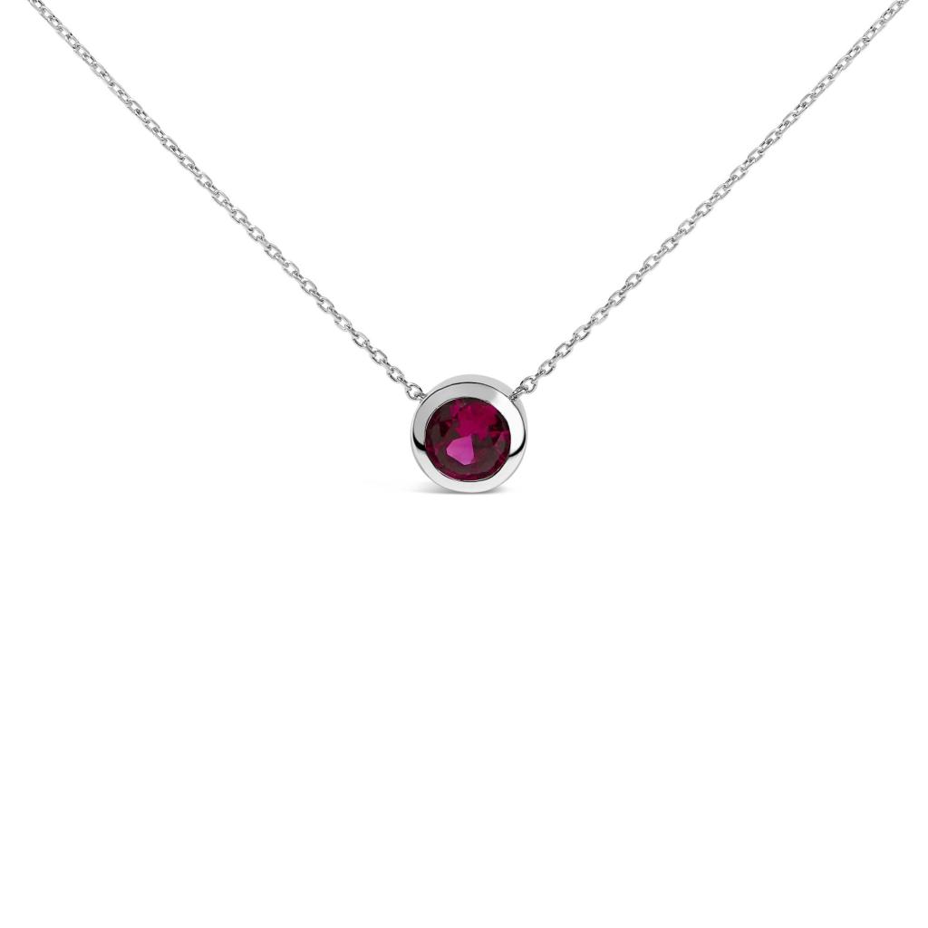 .925 Sterling Silver 7MM Bezel Set Created Gemstone Pendant Necklace - 18" Inches - Red Ruby