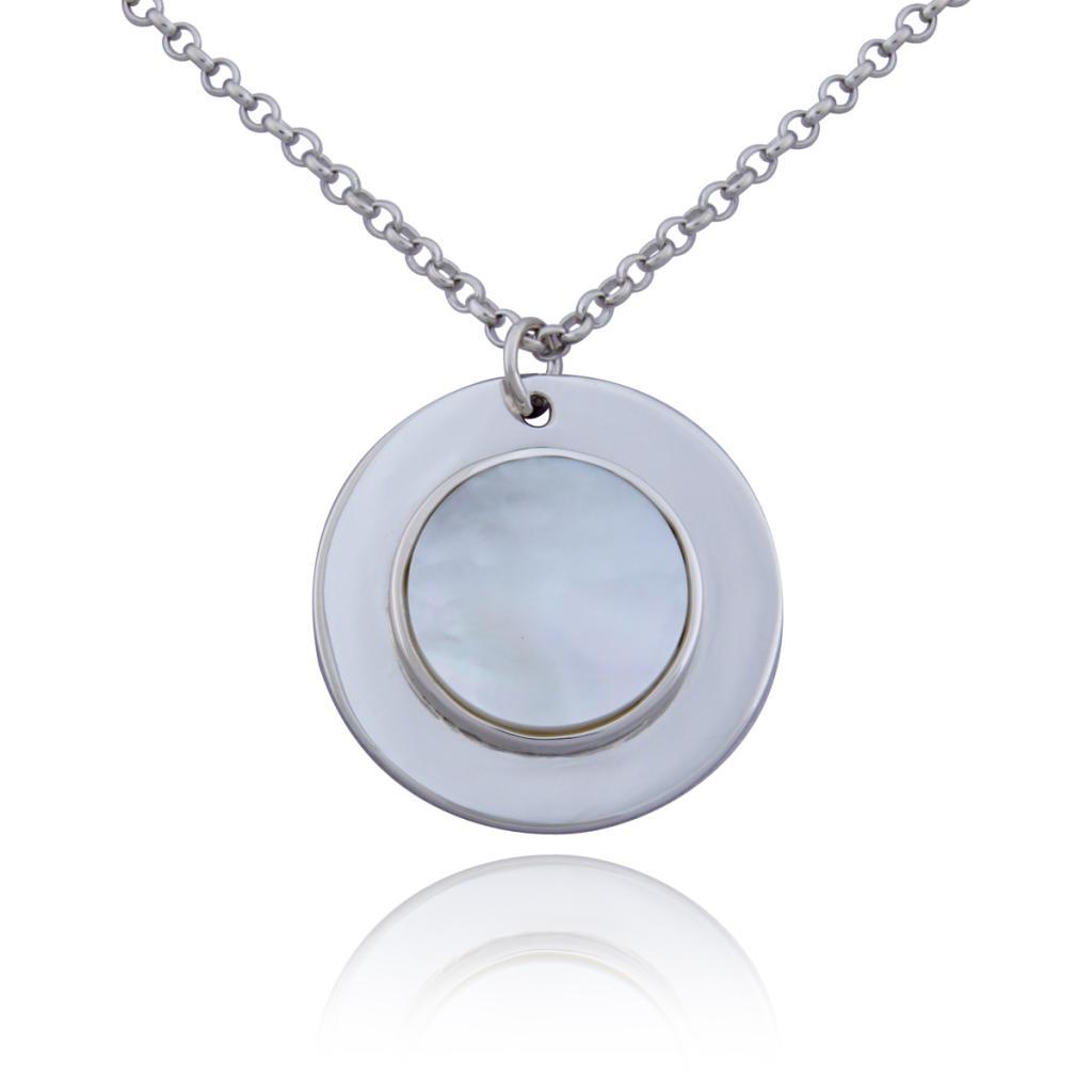 NR0LAD9-W Neopolitan White Mother of Pearl Circle Pendant Necklace