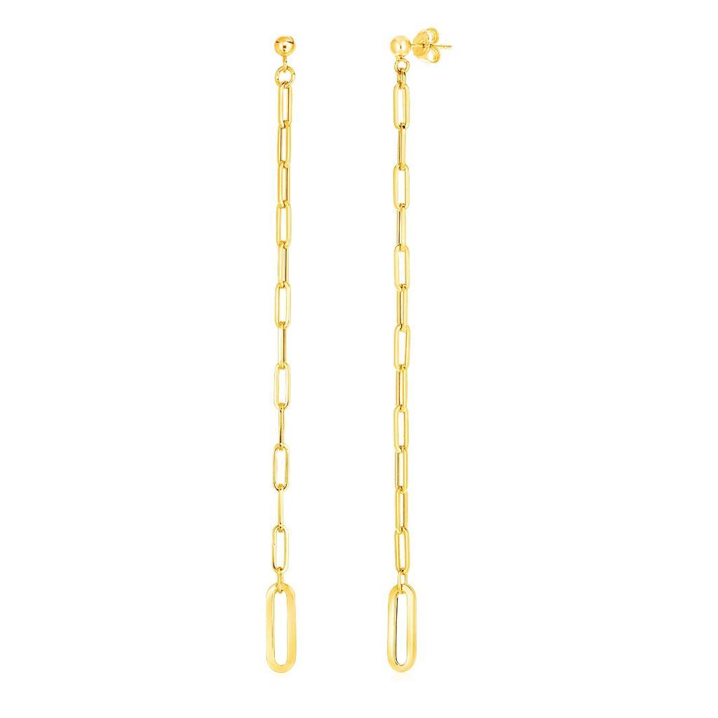 14k Yellow Gold Long Paperclip Chain Dangle Earrings