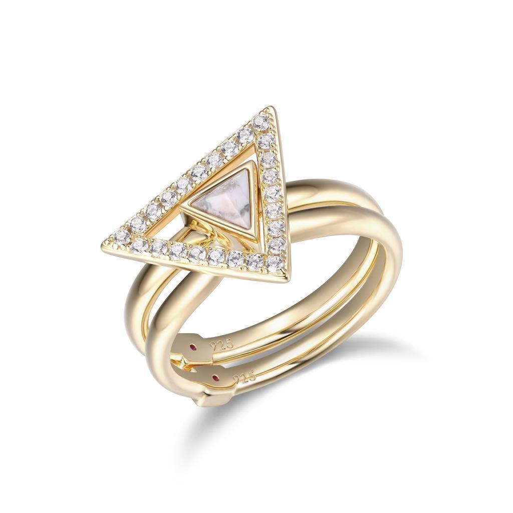R34LACX-Y-6 "Spatial" Sterling Silver Set of 2 Howlite and Pave Cubic Zirconia Duet Ring - Gold