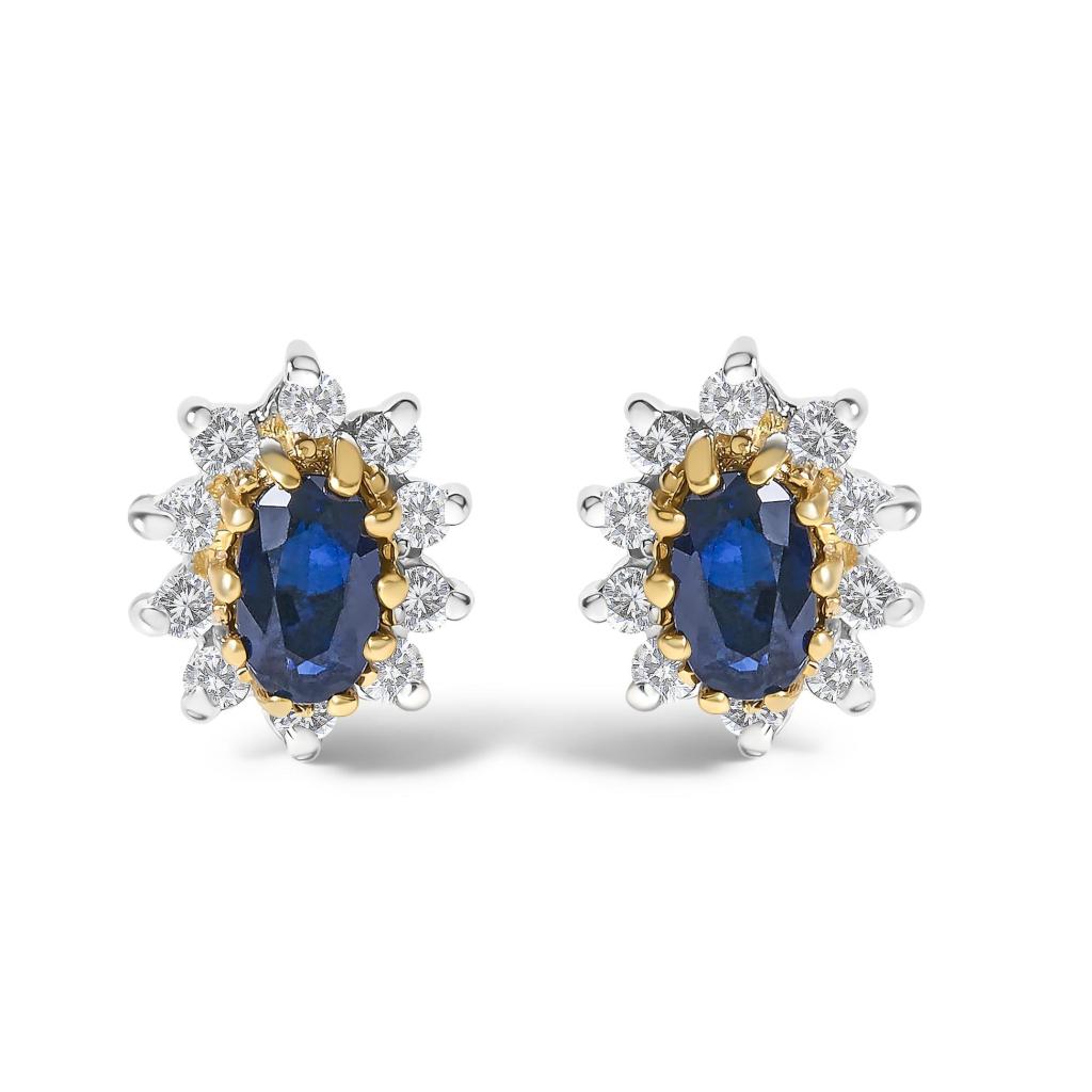 14K Yellow Gold 1/4 Cttw Diamond and Blue Sapphire Sunburst Halo Stud Earrings (K-L Color, I1-I2 Clarity)