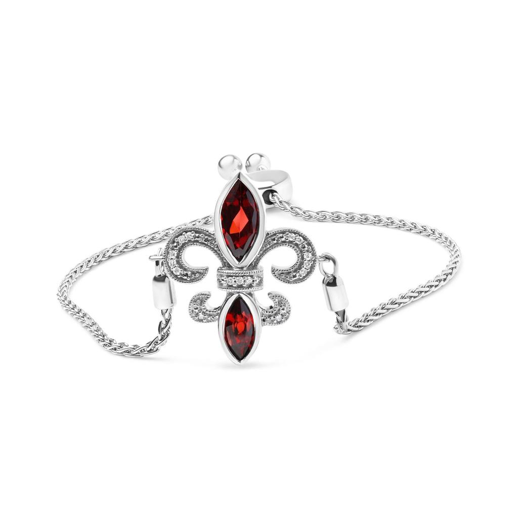 .925 Sterling Silver Marquise Garnet  and Diamond Accent Lariat 4-10 Fleur De Lis Adjustable Bolo Bracelet (H-I Color, SI1-SI2 Clarity)