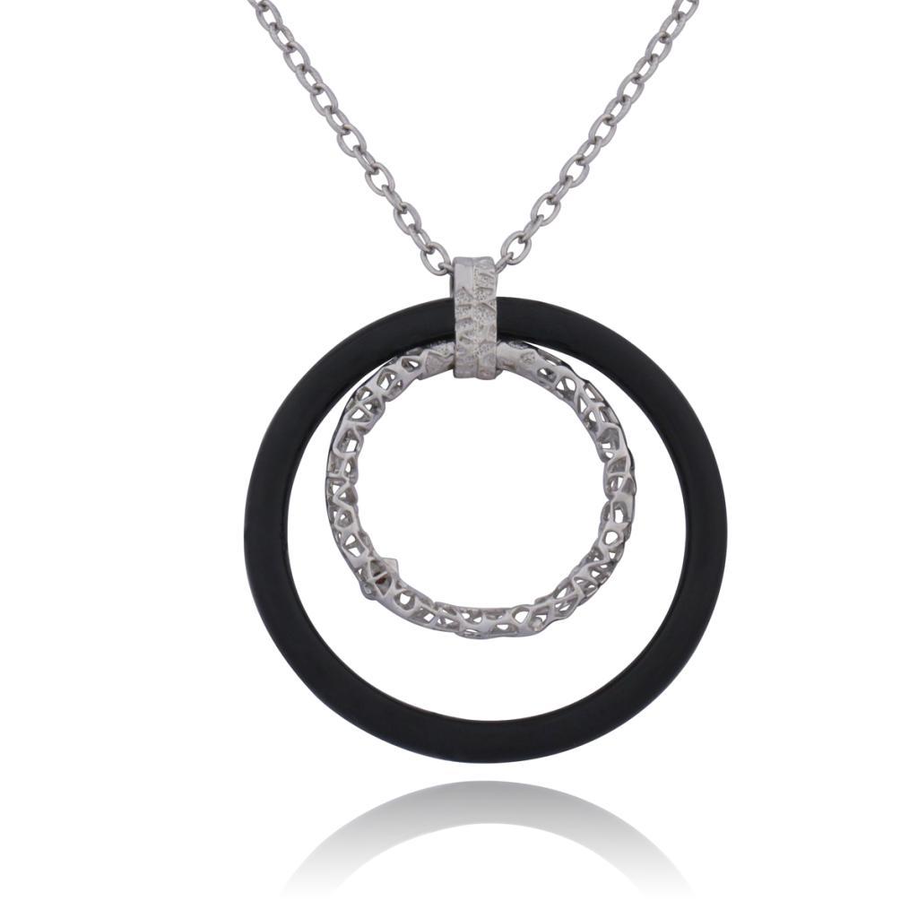 NR0LA04-W Black Agate Double Open Circle Necklace