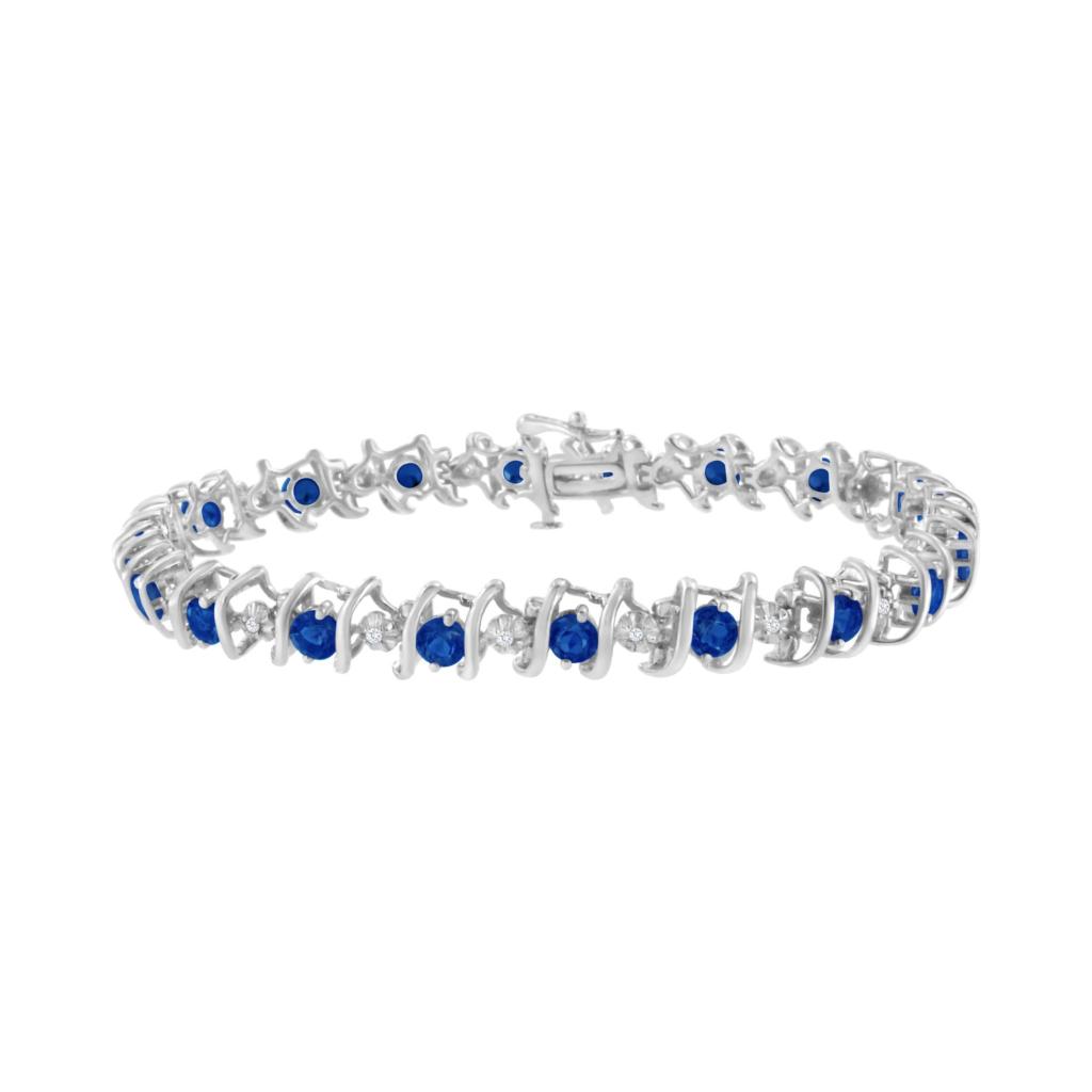 .925 Sterling Silver Lab-Grown Birthstone and 1/6 Cttw Round Diamond Tennis Bracelet (H-I Color, I1-I2 Clarity) - Blue Sapphire