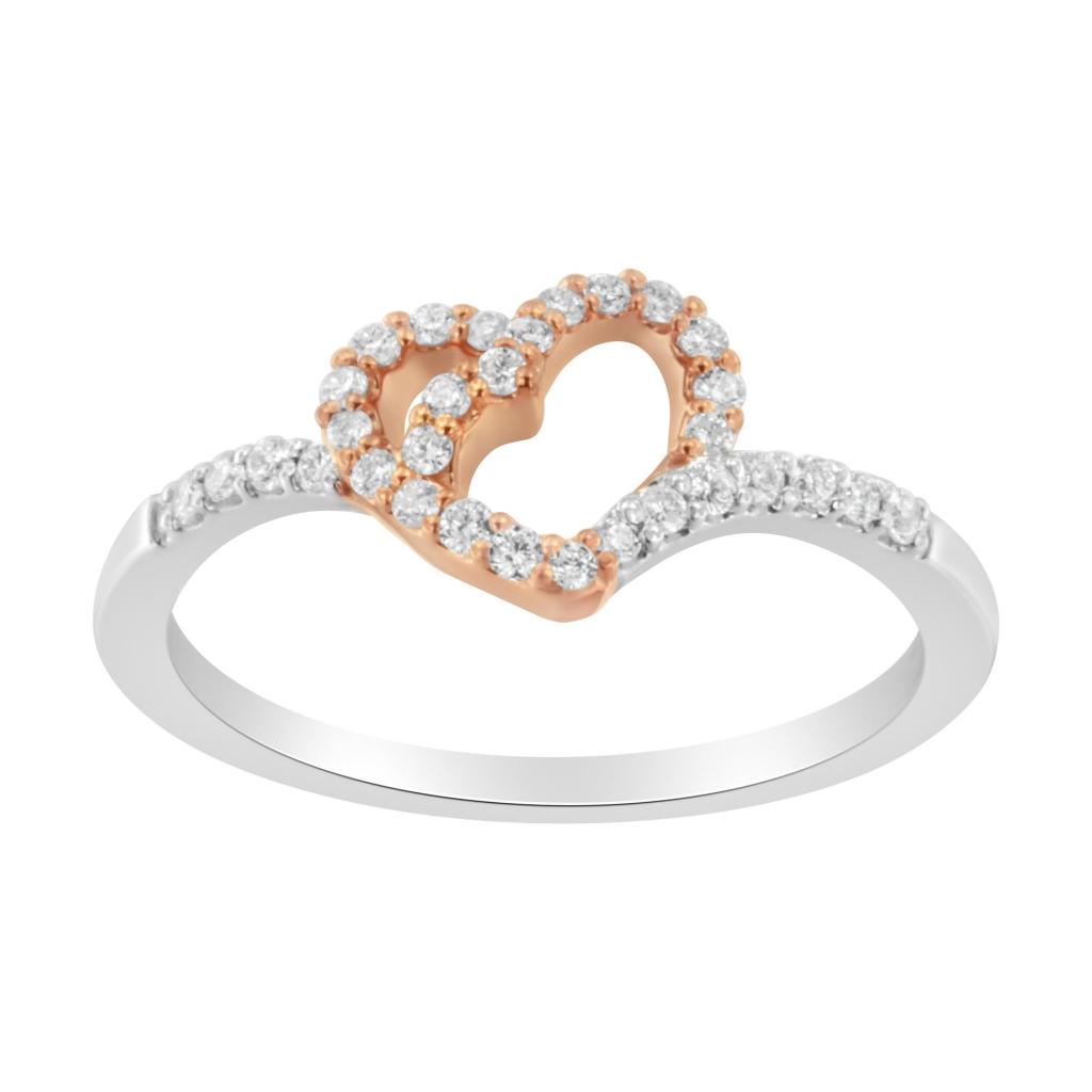 10K Rose Gold over .925 Sterling Silver 1/5 Cttw Diamond Two Tone Open Heart Promise or Fashion Ring (I-J Color, I2-I3 Clarity) Ring Size-8.0