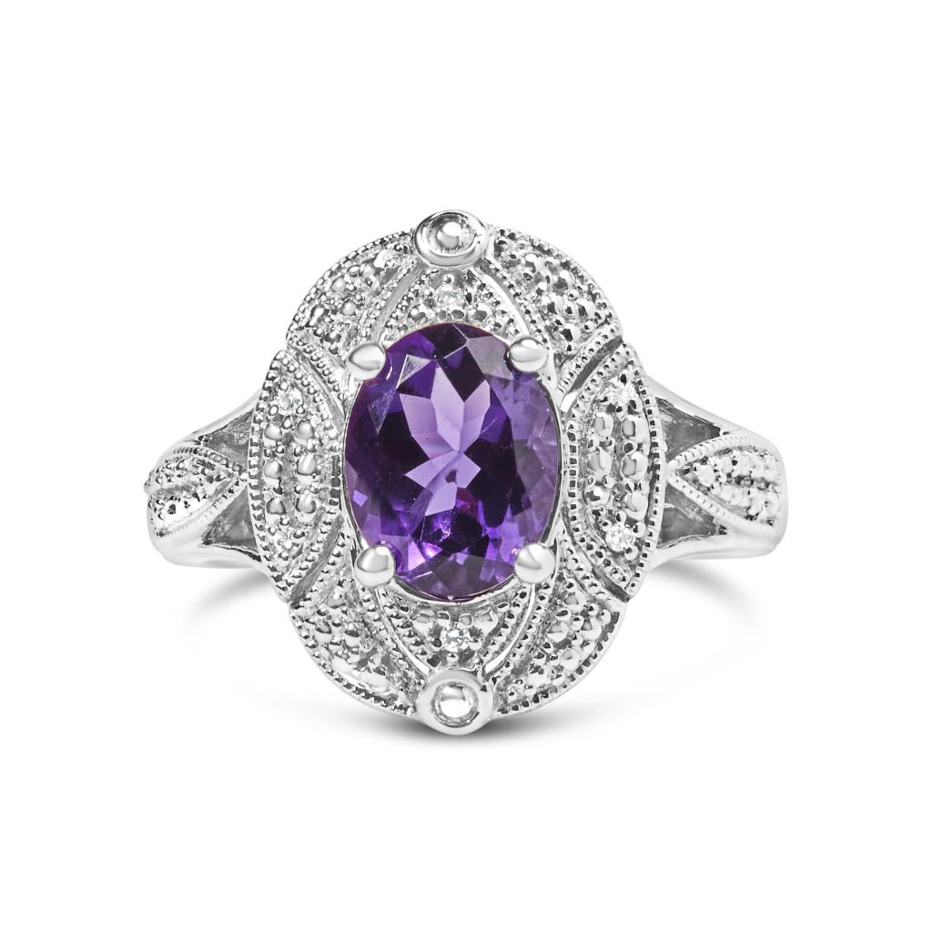 .925 Sterling Silver 9x7mm Oval Purple Amethyst and Round Diamond Accent Fashion Cocktail Ring (I-J Color, I1-I2 Clarity) Ring Size-7.0