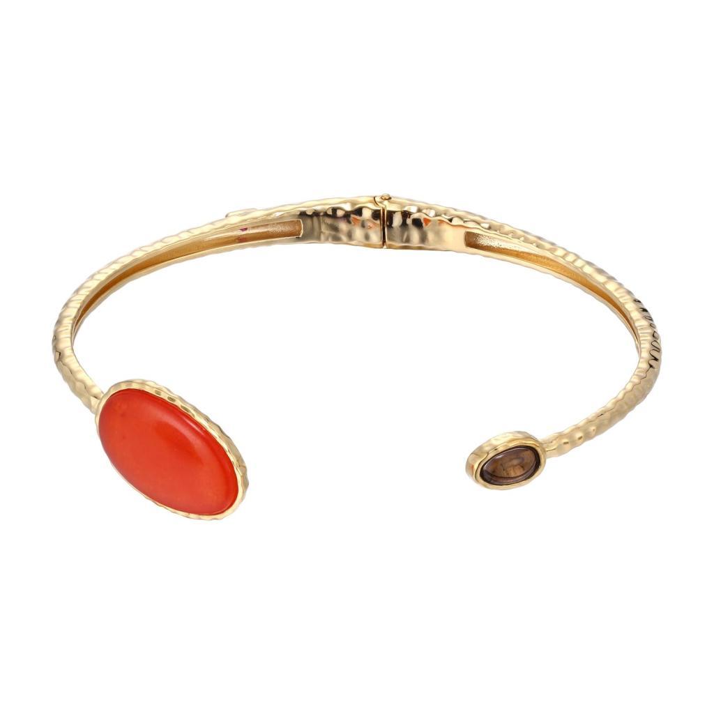 B31LA9L-Y Fire and Ice Dyed Orange and Smoky Quartz Open Bangle Bracelet